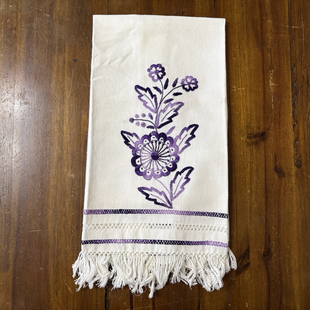 Vtg Hand Embroidered White Tea Towel Purple Ombré Floral Fringe Edge Tassels
